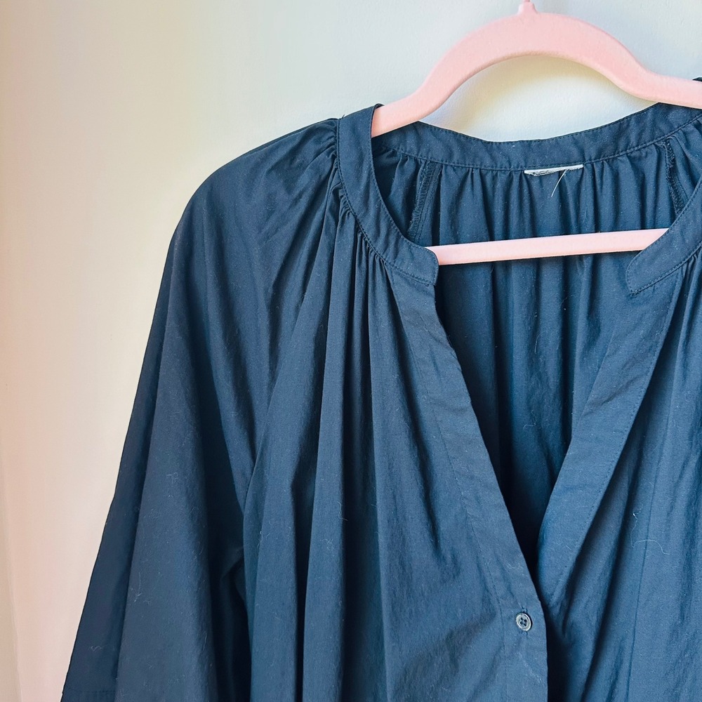 Black Cotton Poplin Mini Shirt Dress Medium Puff Sleeve Minimalist - Picture 3 of 7
